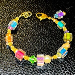 Fine Jewelry 22k Yellow Gold Murano Glass Tahitian Pearl Swarovski Bracelet